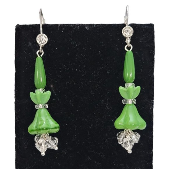 Czech Vintage Green Clear Glass Beads Lever Back Dangle Drop Earrings E155 - Picture 6 of 6